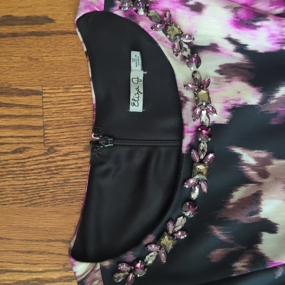 New Eliza J Dress Jeweled Neck purple abstract Print Flared Scuba Knit SZ: 14 - Picture 3 of 8